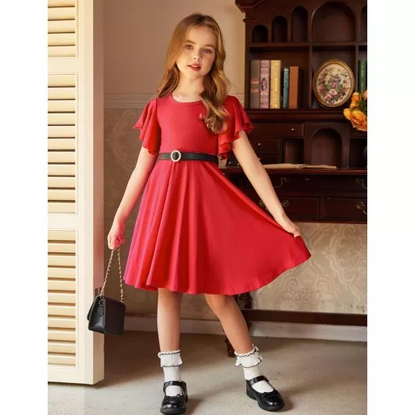 Arshiner Girls Dress Butterfly Sleeve Stretch A-Line Swing Skater Twirl School Dress with Pockets