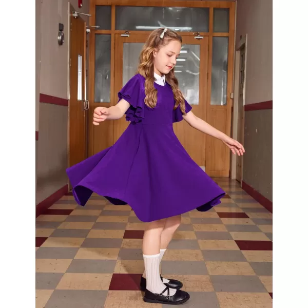 Arshiner Girls Dress Butterfly Sleeve Stretch A-Line Swing Skater Twirl School Dress with Pockets
