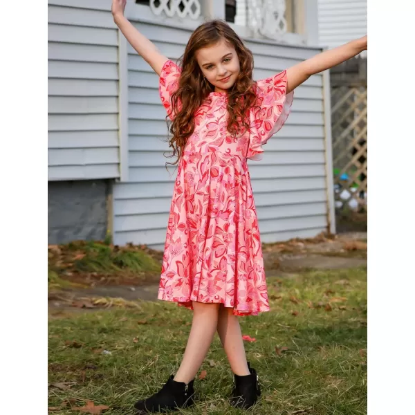 Arshiner Girls Dress Butterfly Sleeve Stretch A-Line Swing Skater Twirl School Dress with Pockets