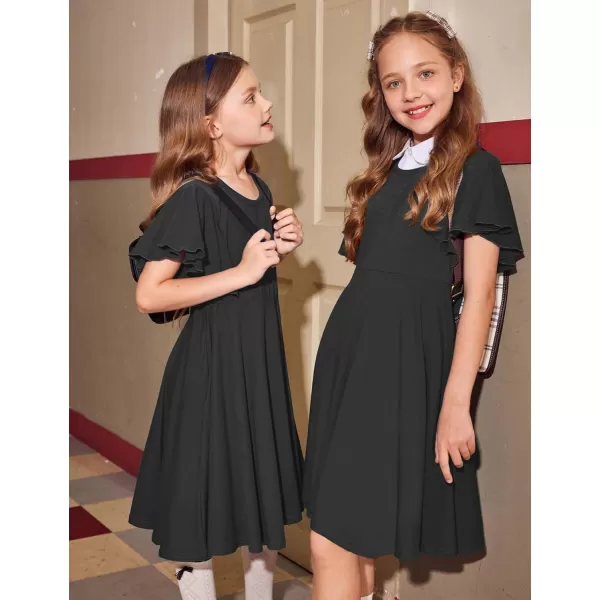 Arshiner Girls Dress Butterfly Sleeve Stretch A-Line Swing Skater Twirl School Dress with Pockets