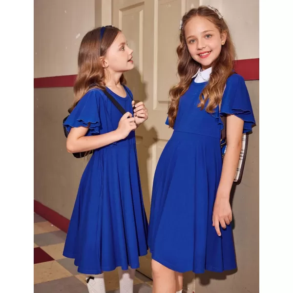 Arshiner Girls Dress Butterfly Sleeve Stretch A-Line Swing Skater Twirl School Dress with Pockets