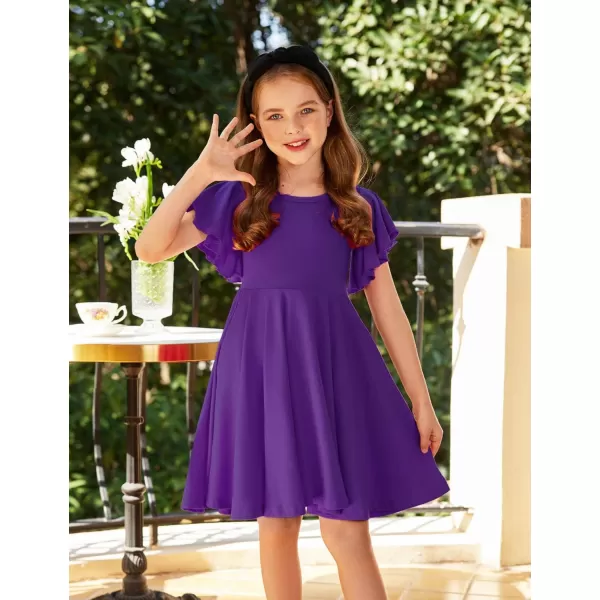 Arshiner Girls Dress Butterfly Sleeve Stretch A-Line Swing Skater Twirl School Dress with Pockets