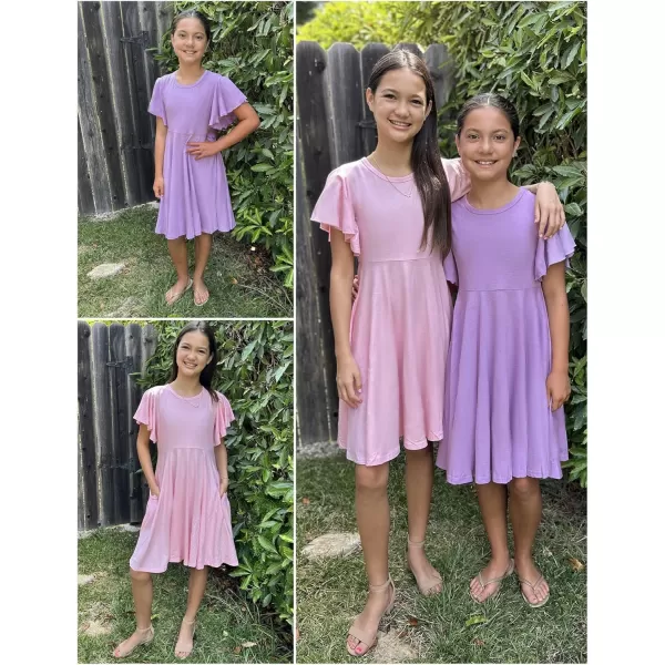 Arshiner Girls Dress Butterfly Sleeve Stretch A-Line Swing Skater Twirl School Dress with Pockets