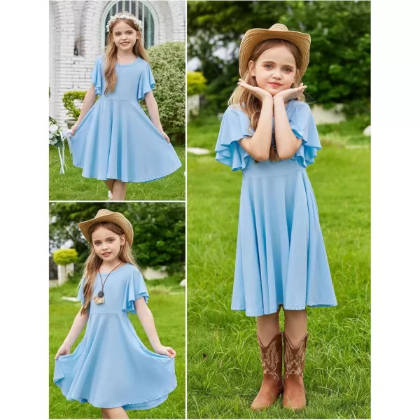 Arshiner Girls Dress Butterfly Sleeve Stretch A-Line Swing Skater Twirl School Dress with Pockets