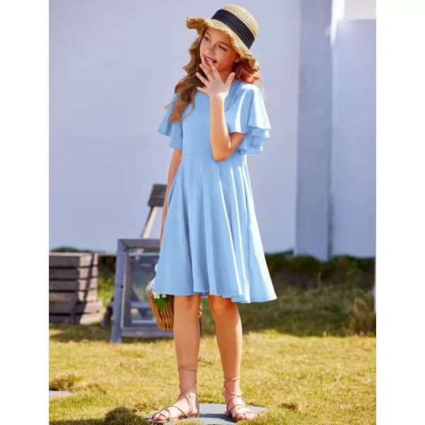 Arshiner Girls Dress Butterfly Sleeve Stretch A-Line Swing Skater Twirl School Dress with Pockets