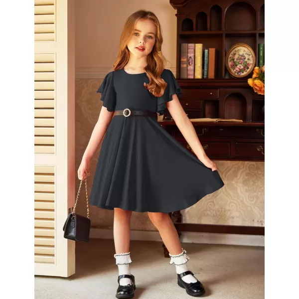 Arshiner Girls Dress Butterfly Sleeve Stretch A-Line Swing Skater Twirl School Dress with Pockets