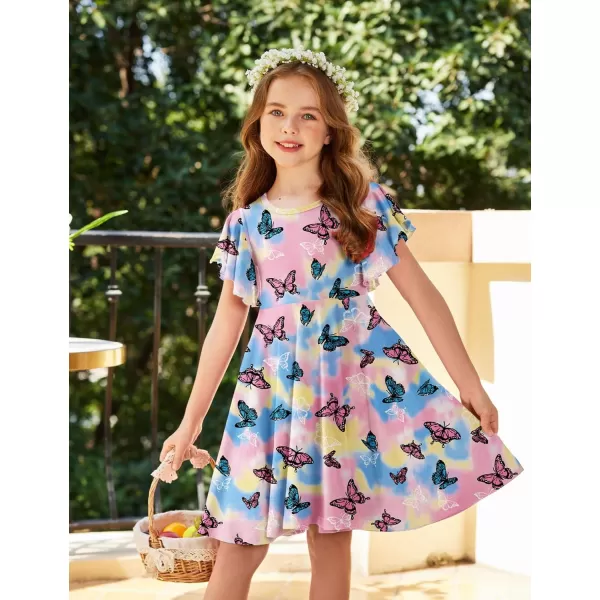 Arshiner Girls Dress Butterfly Sleeve Stretch A-Line Swing Skater Twirl School Dress with Pockets