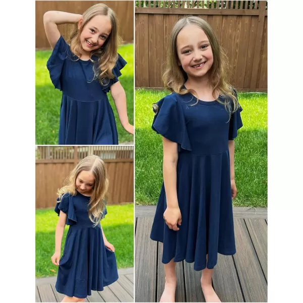 Arshiner Girls Dress Butterfly Sleeve Stretch A-Line Swing Skater Twirl School Dress with Pockets