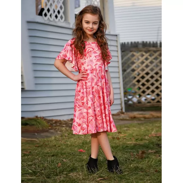Arshiner Girls Dress Butterfly Sleeve Stretch A-Line Swing Skater Twirl School Dress with Pockets