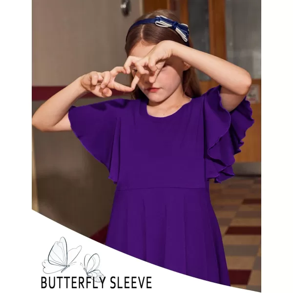 Arshiner Girls Dress Butterfly Sleeve Stretch A-Line Swing Skater Twirl School Dress with Pockets