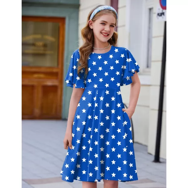 Arshiner Girls Dress Butterfly Sleeve Stretch A-Line Swing Skater Twirl School Dress with Pockets