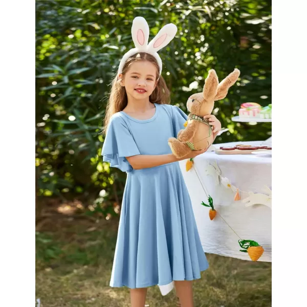 Arshiner Girls Dress Butterfly Sleeve Stretch A-Line Swing Skater Twirl School Dress with Pockets