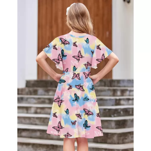 Arshiner Girls Dress Butterfly Sleeve Stretch A-Line Swing Skater Twirl School Dress with Pockets