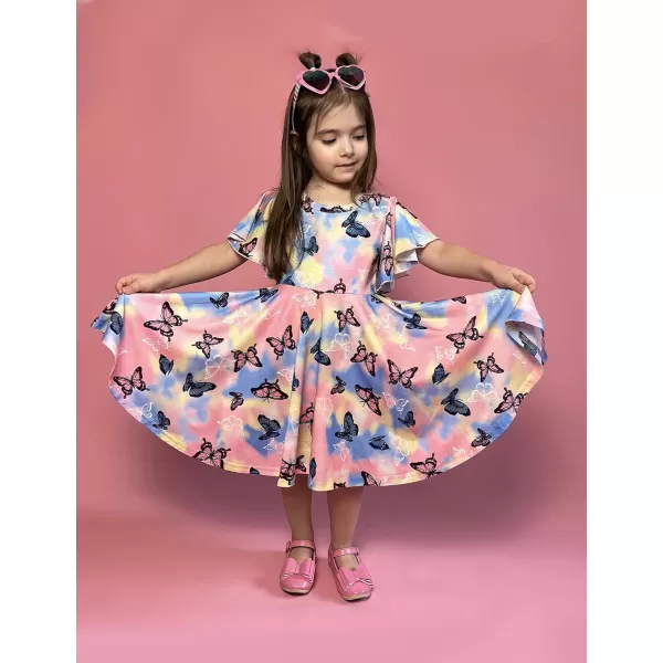 Arshiner Girls Dress Butterfly Sleeve Stretch A-Line Swing Skater Twirl School Dress with Pockets