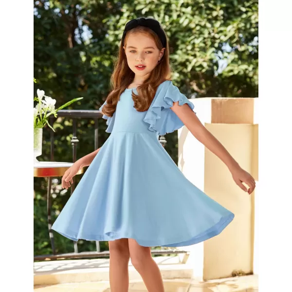 Arshiner Girls Dress Butterfly Sleeve Stretch A-Line Swing Skater Twirl School Dress with Pockets