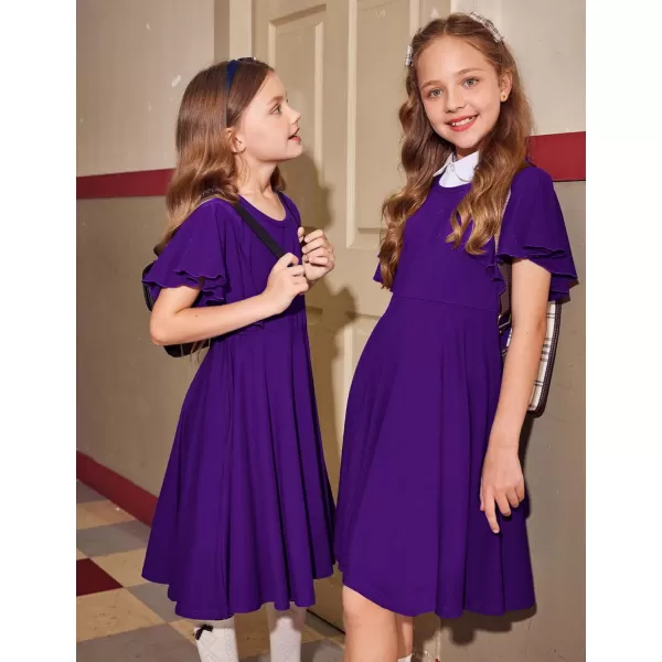 Arshiner Girls Dress Butterfly Sleeve Stretch A-Line Swing Skater Twirl School Dress with Pockets