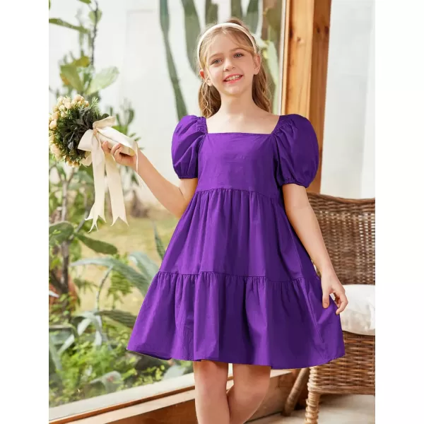 Arshiner Girls Dress Puff Sleeve A-Line Classic Elegant Beach Ruffled Loose Tiered Ruffle Casual Dresses Square Neck