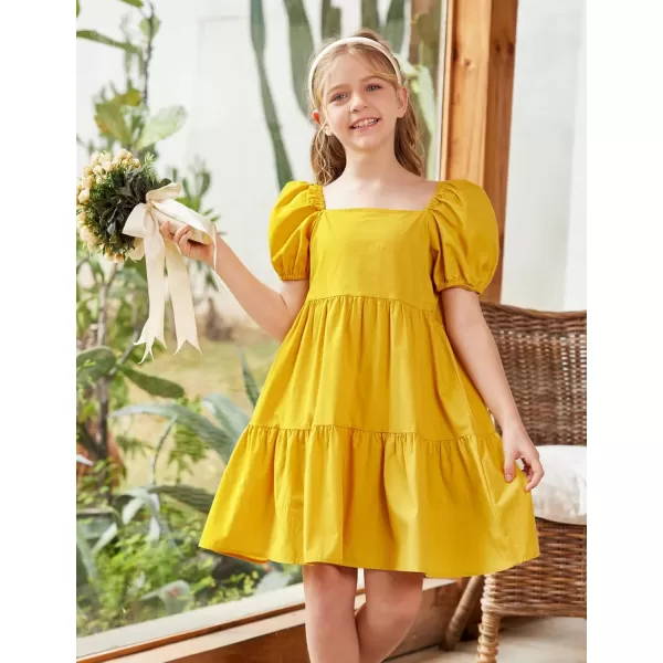 Arshiner Girls Dress Puff Sleeve A-Line Classic Elegant Beach Ruffled Loose Tiered Ruffle Casual Dresses Square Neck