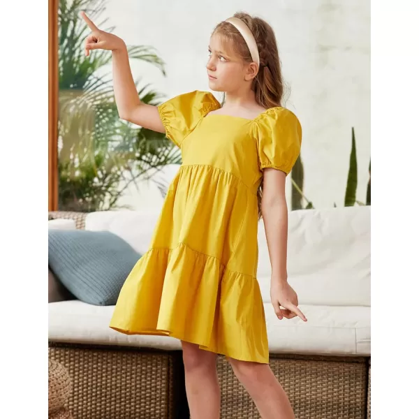 Arshiner Girls Dress Puff Sleeve A-Line Classic Elegant Beach Ruffled Loose Tiered Ruffle Casual Dresses Square Neck