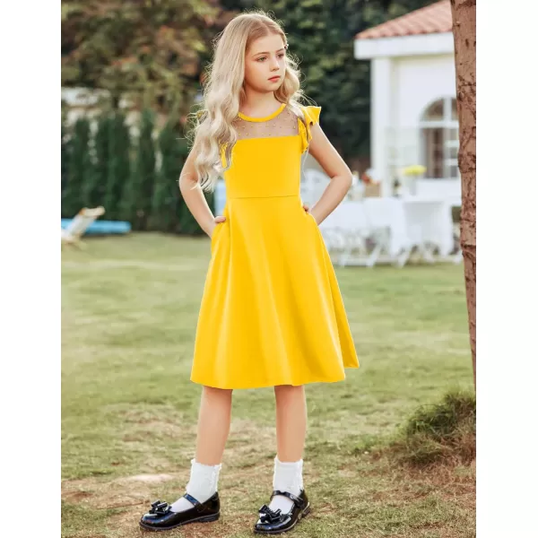 Arshiner Girls Dress Summer Ruffle Sleeve Mesh A Line Casual Party Dresses with Pockets 6-13 Years