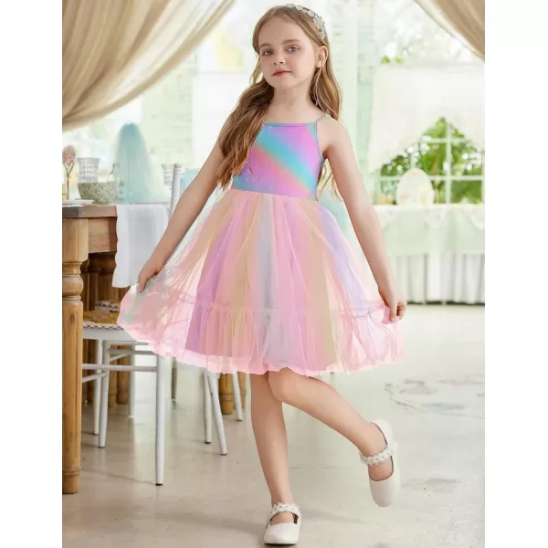Arshiner Toddler Girls Tulle Dress Rainbow Tutu Birthday Party Princess Dresses Ruffle Hem Cami Dress Summer Outfit Size 2-6