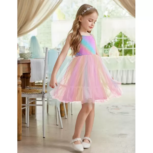 Arshiner Toddler Girls Tulle Dress Rainbow Tutu Birthday Party Princess Dresses Ruffle Hem Cami Dress Summer Outfit Size 2-6