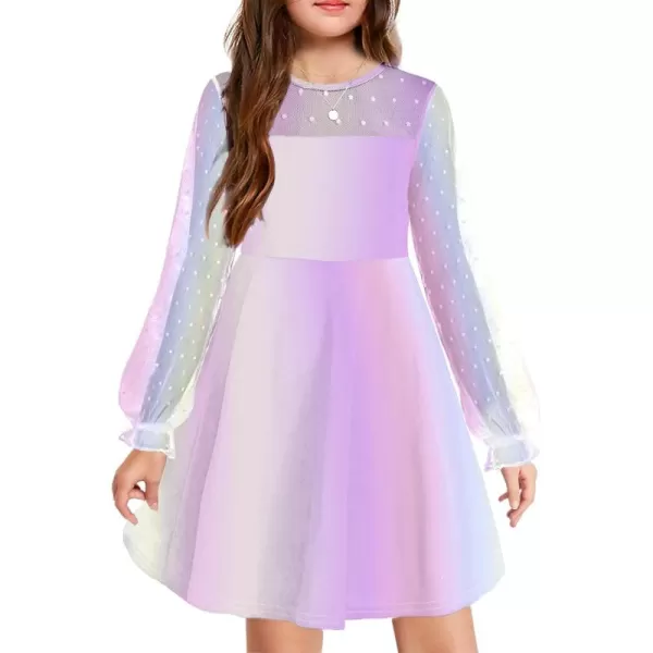 Arshiner Girl's Contrast Mesh Puff Long Sleeve High Waist A Line Short Dress with Pockets for 6-13 Years
