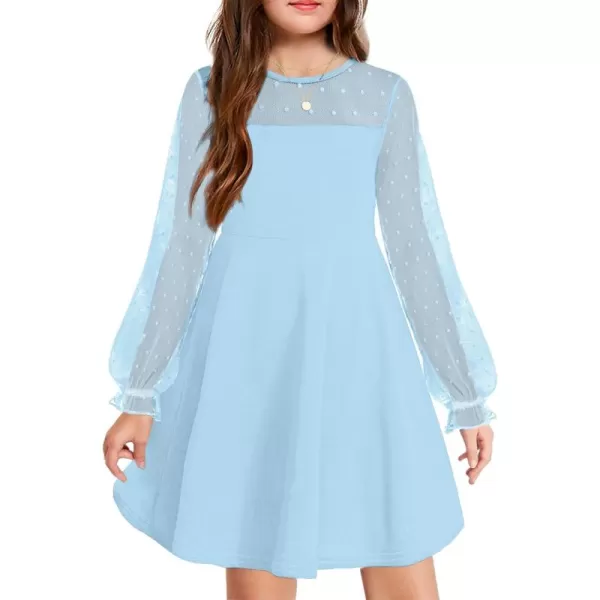 Arshiner Girl's Contrast Mesh Puff Long Sleeve High Waist A Line Short Dress with Pockets for 6-13 Years