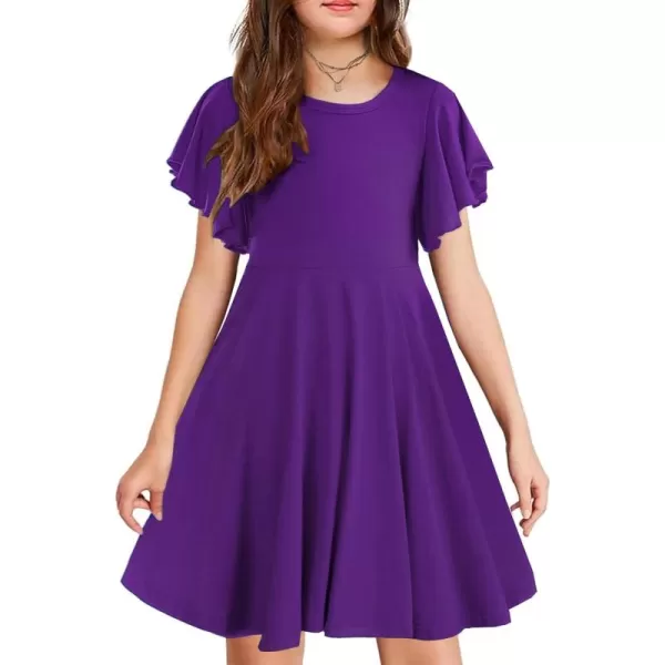 Arshiner Girls Dress Butterfly Sleeve Stretch A-Line Swing Skater Twirl School Dress with Pockets