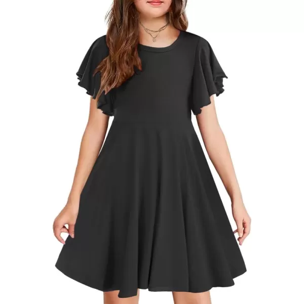 Arshiner Girls Dress Butterfly Sleeve Stretch A-Line Swing Skater Twirl School Dress with Pockets