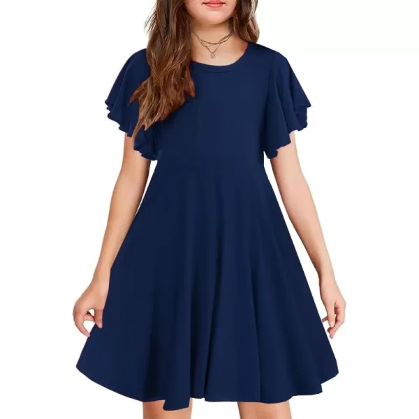 Arshiner Girls Dress Butterfly Sleeve Stretch A-Line Swing Skater Twirl School Dress with Pockets