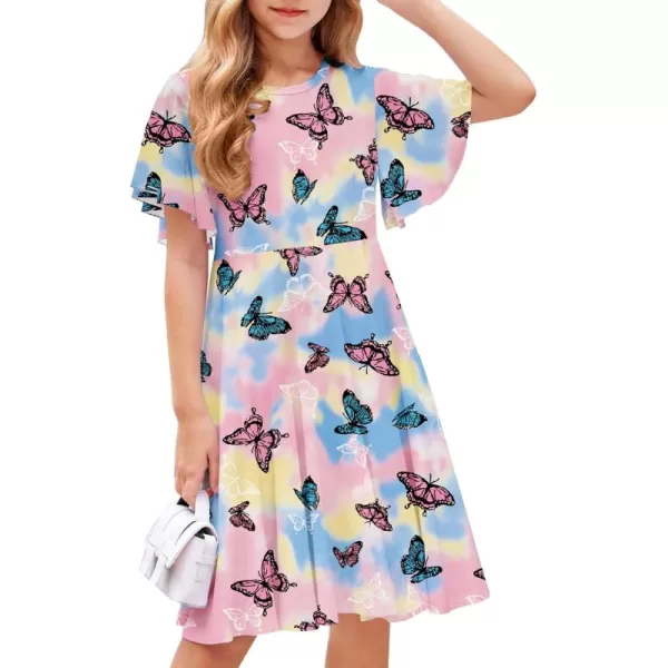 Arshiner Girls Dress Butterfly Sleeve Stretch A-Line Swing Skater Twirl School Dress with Pockets