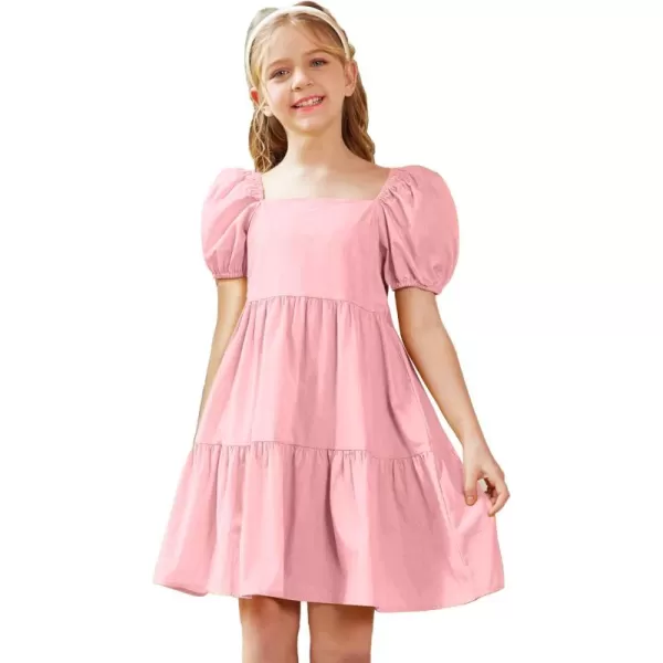Arshiner Girls Dress Puff Sleeve A-Line Classic Elegant Beach Ruffled Loose Tiered Ruffle Casual Dresses Square Neck