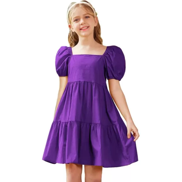 Arshiner Girls Dress Puff Sleeve A-Line Classic Elegant Beach Ruffled Loose Tiered Ruffle Casual Dresses Square Neck