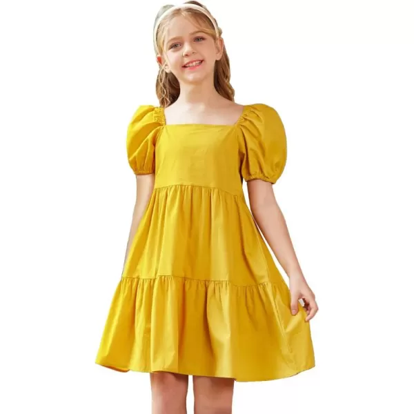 Arshiner Girls Dress Puff Sleeve A-Line Classic Elegant Beach Ruffled Loose Tiered Ruffle Casual Dresses Square Neck