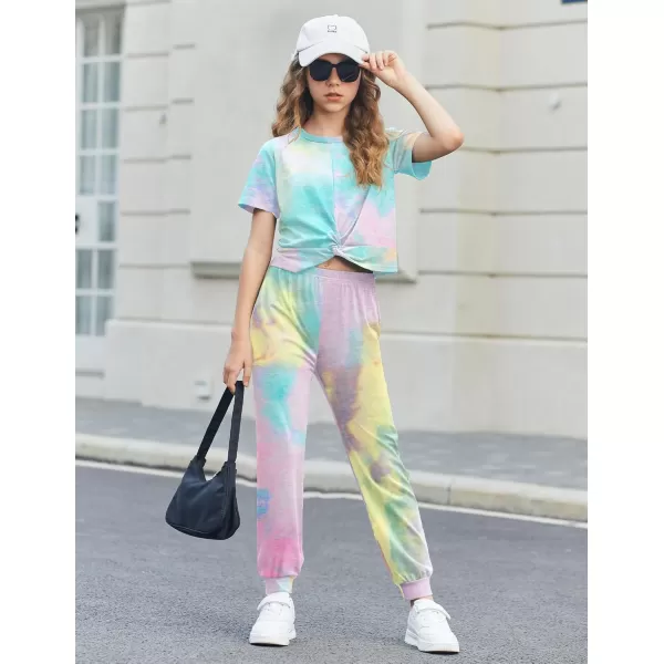 Arshiner Girls Clothing Sets Tie Dye Twist Front Tops &amp; Sweatpants Outfits Sportwear Sweatsuits Tracksuits 4-13 Year