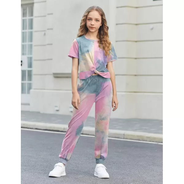 Arshiner Girls Clothing Sets Tie Dye Twist Front Tops &amp; Sweatpants Outfits Sportwear Sweatsuits Tracksuits 4-13 Year