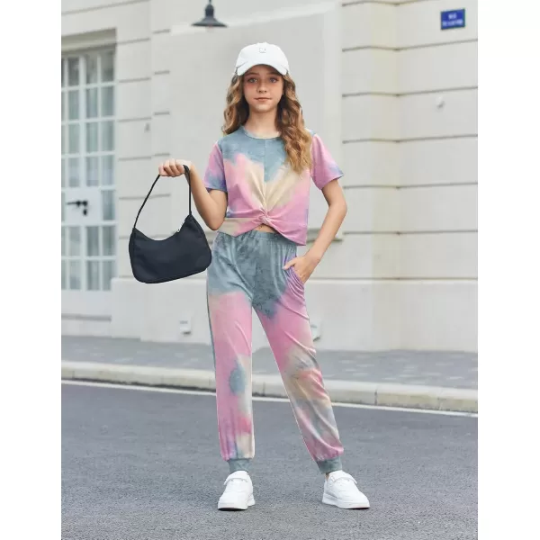 Arshiner Girls Clothing Sets Tie Dye Twist Front Tops &amp; Sweatpants Outfits Sportwear Sweatsuits Tracksuits 4-13 Year