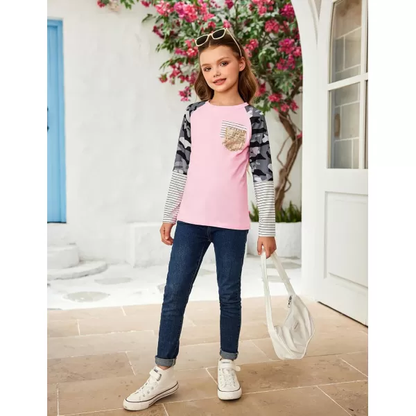 Arshiner Girls Long Sleeve Shirts Color Block Casual Cute Top Tee Blouse with Fashion Pocket