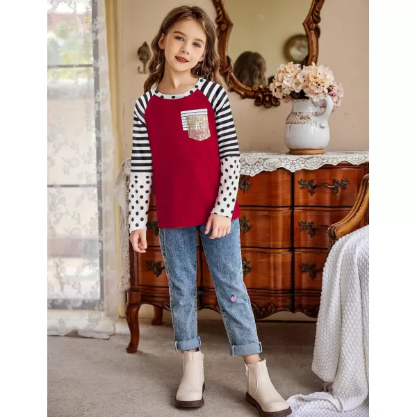 Arshiner Girls Long Sleeve Shirts Color Block Casual Cute Top Tee Blouse with Fashion Pocket