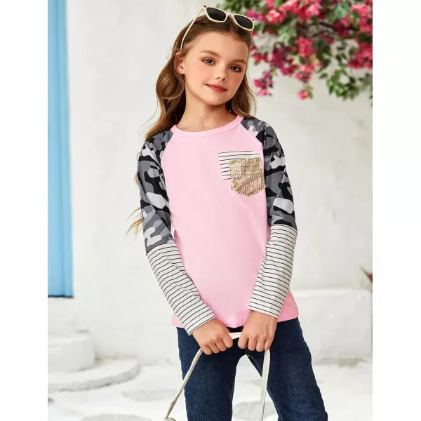 Arshiner Girls Long Sleeve Shirts Color Block Casual Cute Top Tee Blouse with Fashion Pocket