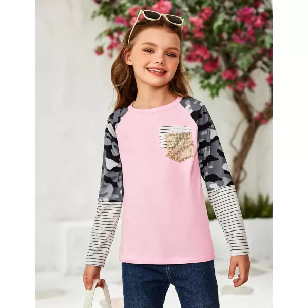 Arshiner Girls Long Sleeve Shirts Color Block Casual Cute Top Tee Blouse with Fashion Pocket