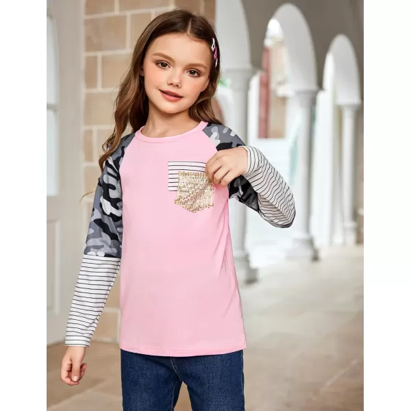 Arshiner Girls Long Sleeve Shirts Color Block Casual Cute Top Tee Blouse with Fashion Pocket