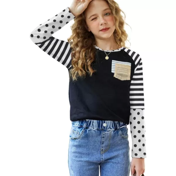 Arshiner Girls Long Sleeve Shirts Color Block Casual Cute Top Tee Blouse with Fashion Pocket