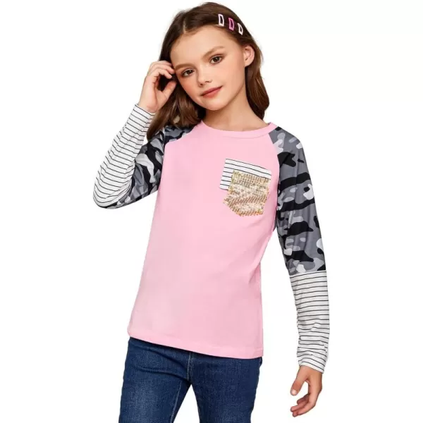 Arshiner Girls Long Sleeve Shirts Color Block Casual Cute Top Tee Blouse with Fashion Pocket