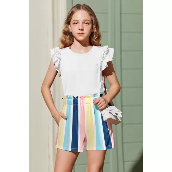 Arshiner Girls 2 Piece Outfits Summer Clothes Ruffle Short Sleeve Shirts Top and High Waist Paper Bag Shorts Set with Pockets
