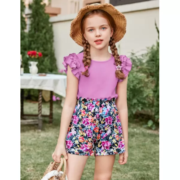 Arshiner Girls 2 Piece Outfits Summer Clothes Ruffle Short Sleeve Shirts Top and High Waist Paper Bag Shorts Set with Pockets