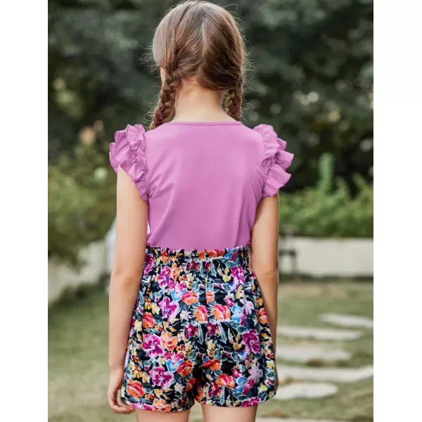Arshiner Girls 2 Piece Outfits Summer Clothes Ruffle Short Sleeve Shirts Top and High Waist Paper Bag Shorts Set with Pockets
