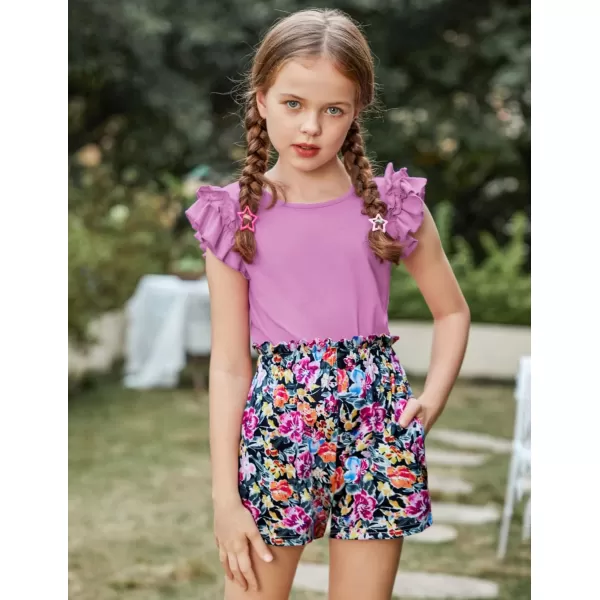 Arshiner Girls 2 Piece Outfits Summer Clothes Ruffle Short Sleeve Shirts Top and High Waist Paper Bag Shorts Set with Pockets