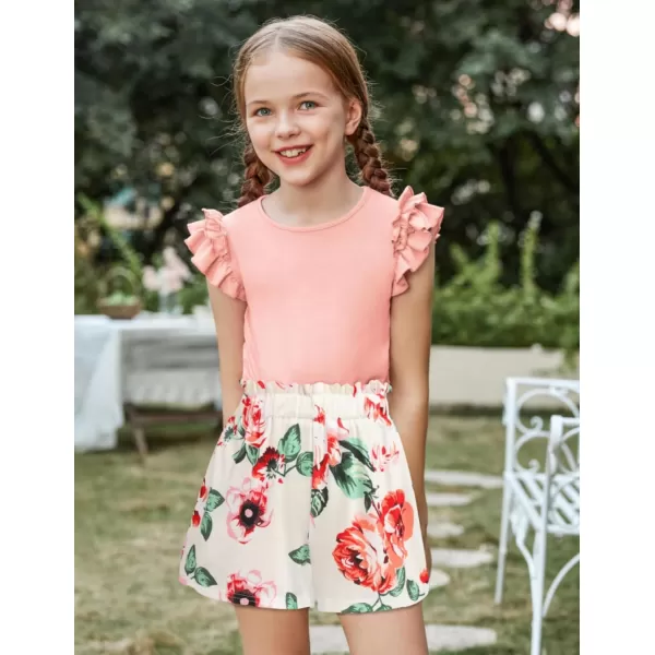Arshiner Girls 2 Piece Outfits Summer Clothes Ruffle Short Sleeve Shirts Top and High Waist Paper Bag Shorts Set with Pockets